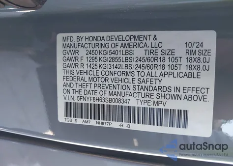 2025 Honda Passport Awd Trailsport из США, поврежденный, VIN 5FNYF8H63SB008347